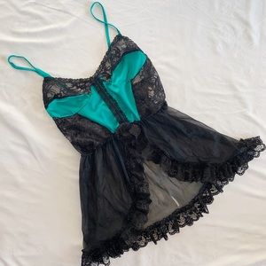 VTG 80s Teal Black Lace Ruffle Lolita Camisole XS